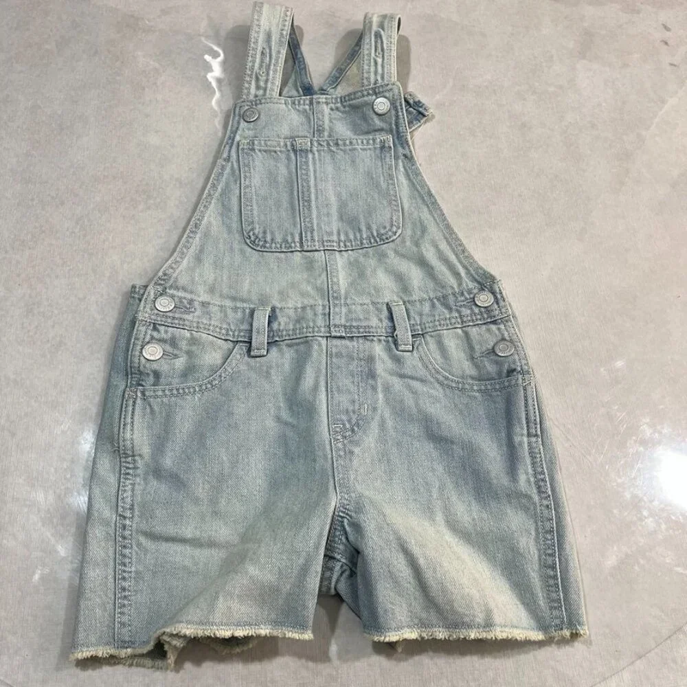 NEW   Old Navy Girls Light Wash Denim Shortalls Frayed Hem Pearl